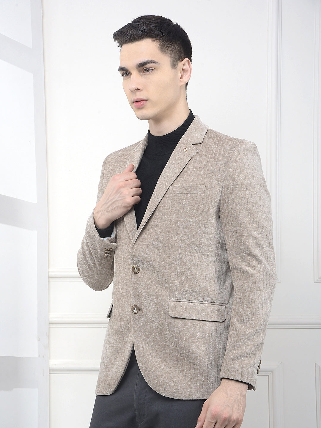 Beige Vertical Striped Notched Lapel Single Breasted Blazer