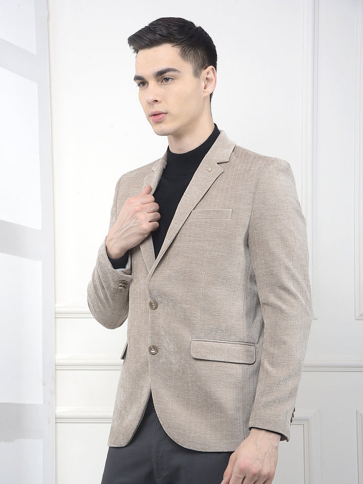 Beige Vertical Striped Notched Lapel Single Breasted Blazer
