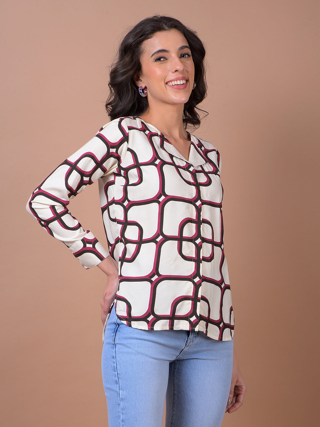 White Printed V-Neck Shirt