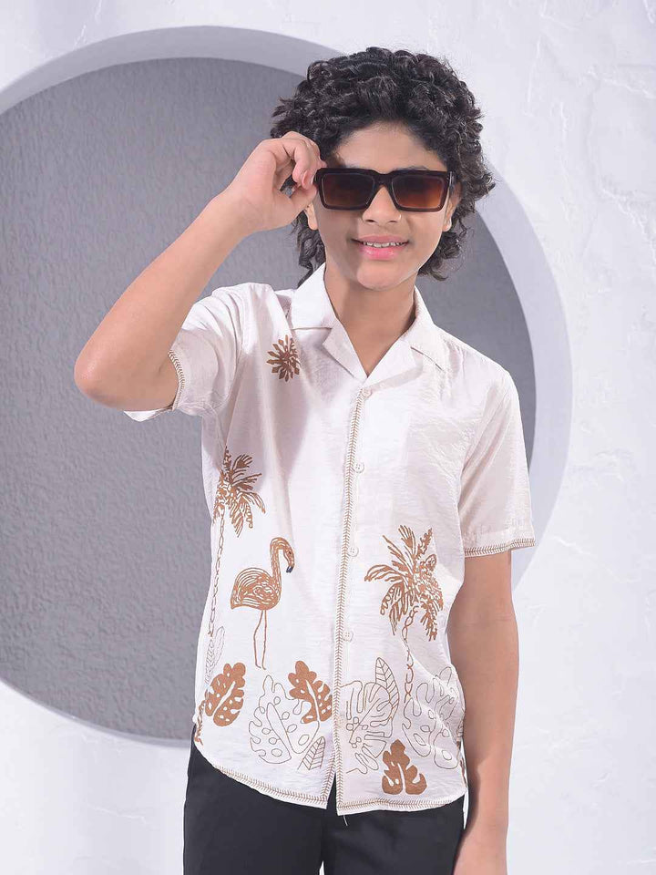 Brown Floral Print Resort-Collar Shirt