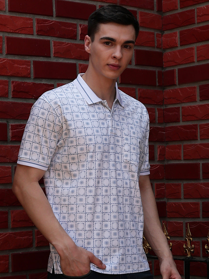 Blue Printed Polo Neck 100% Cotton T-Shirt
