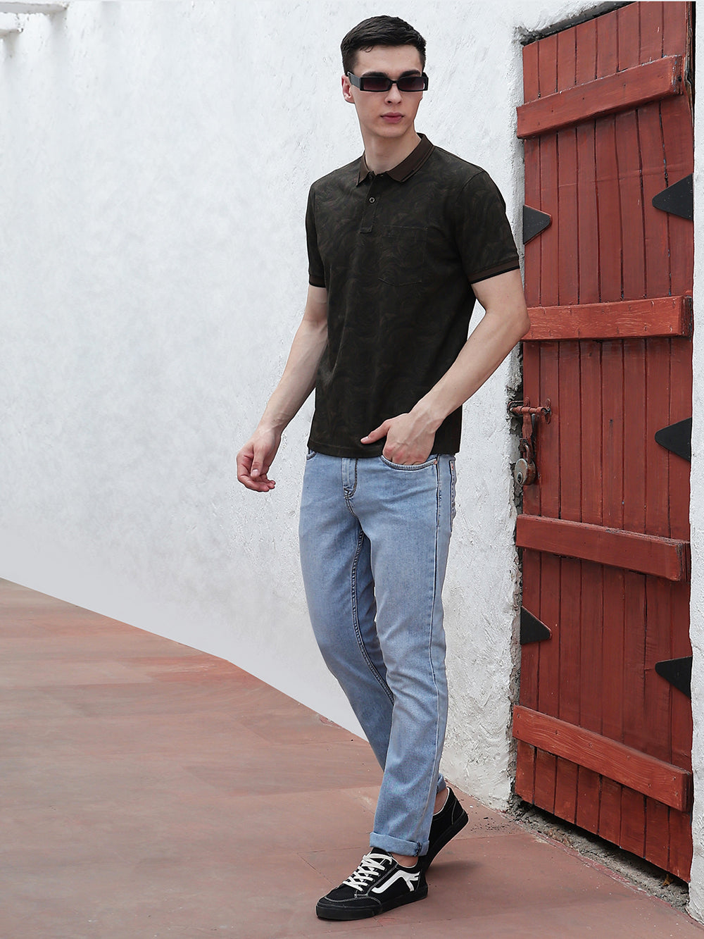 Brown Printed Polo Neck T-Shirt