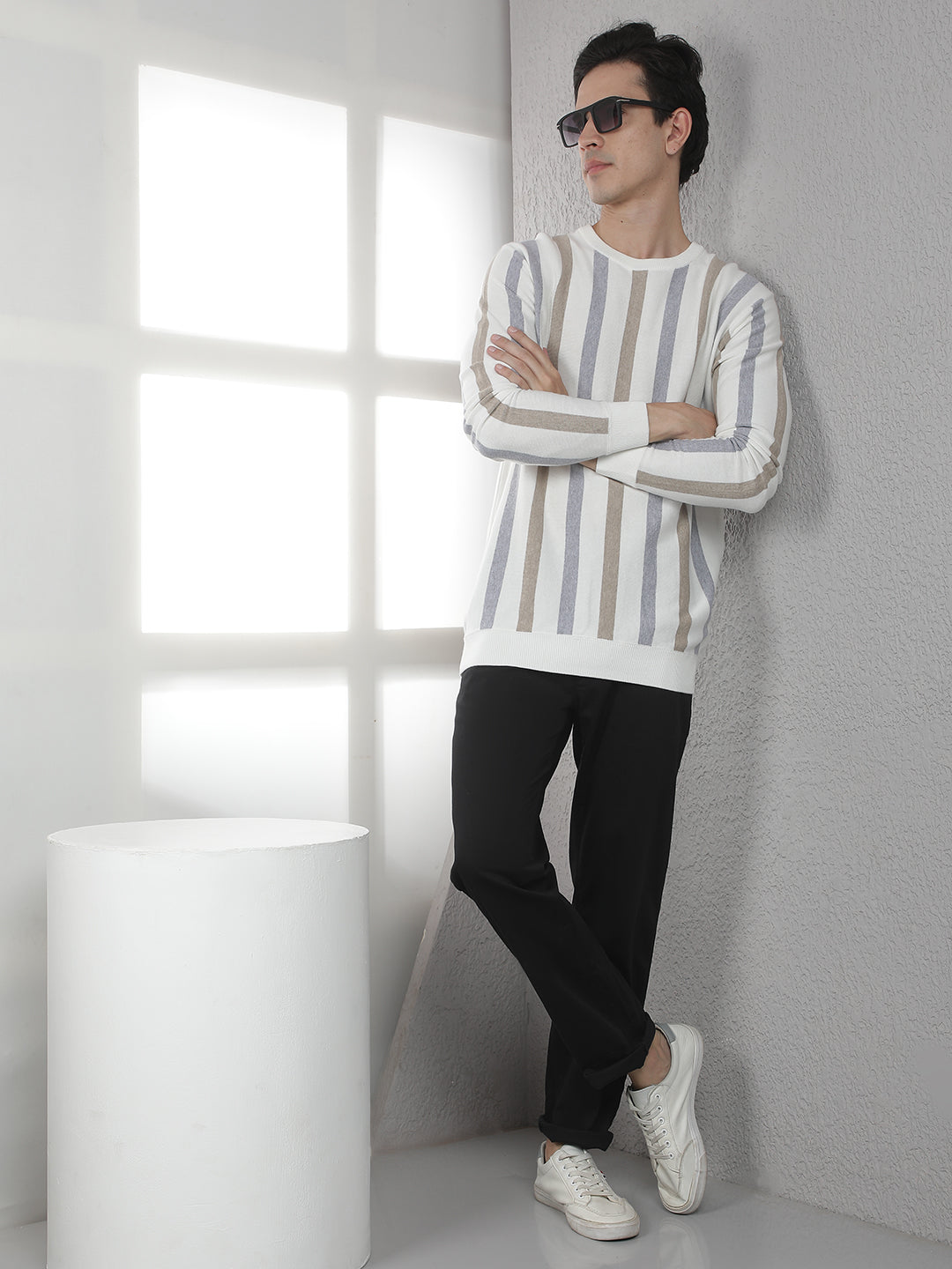 Beige 100% Cotton Verical Stripes Round Neck Sweater