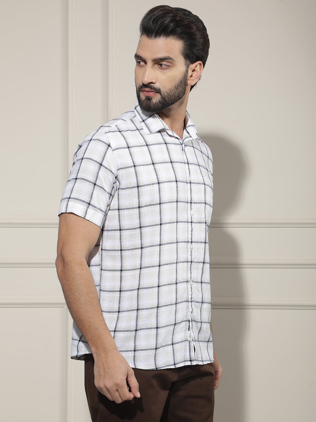 Navy Blue Checked Linen Shirt