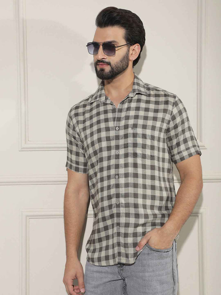 Brown Checked Linen Shirt