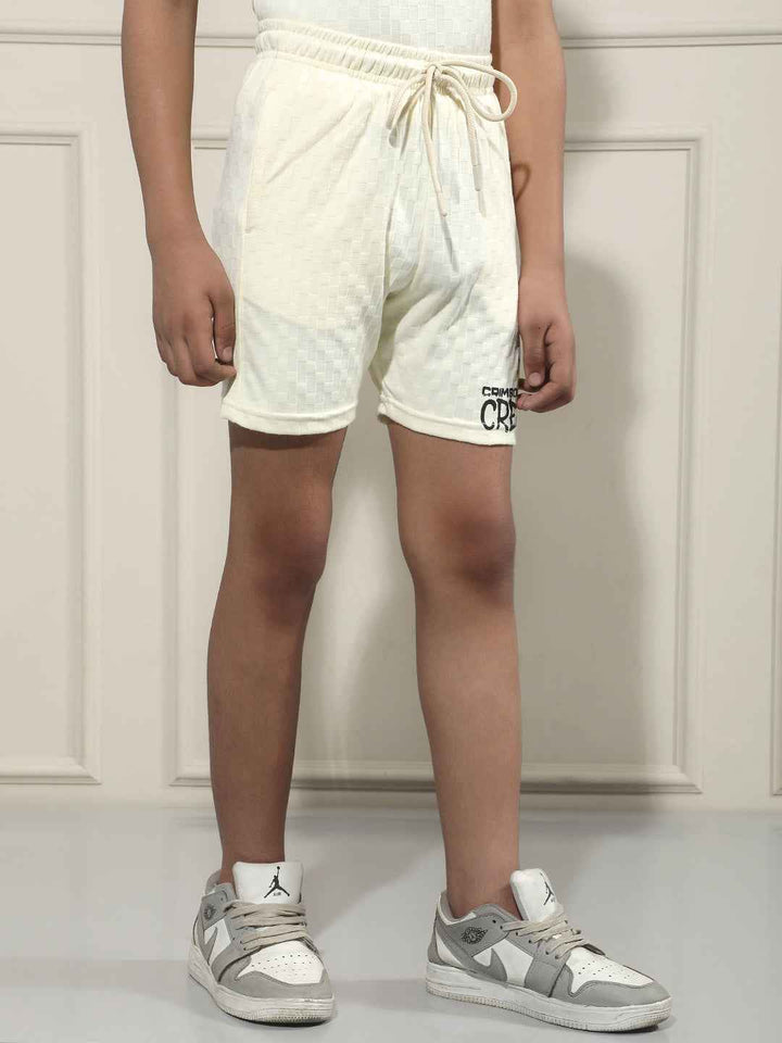 Cream Jacquard Textured Casual Shorts