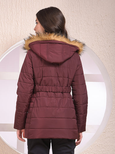 Maroon Hooded Neck Puffer Jacket