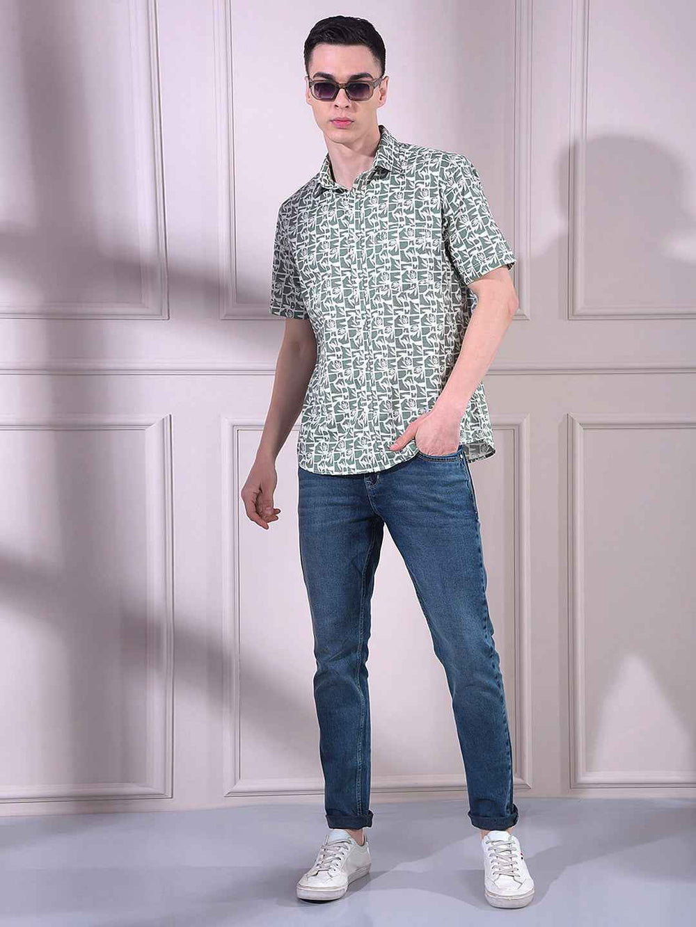 Green Linen Floral Print Shirt