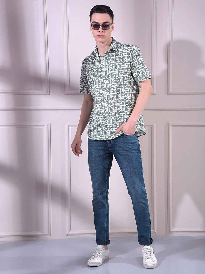 Green Linen Floral Print Shirt