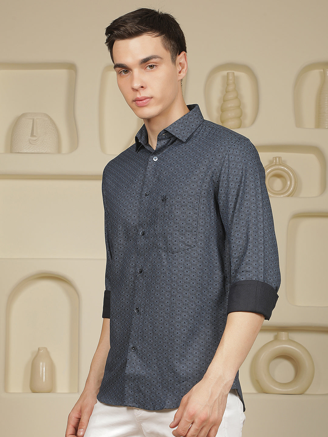 Navy Blue Floral Print Shirt