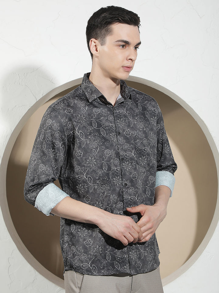 Olive Floral Print 100% Cotton Shirt