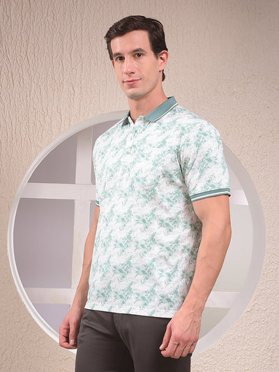 Green Floral Print Polo Neck T-Shirt