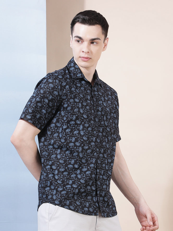 Navy Blue Floral Print Shirt