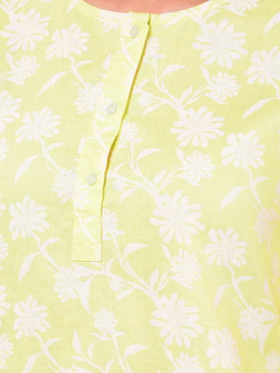 Green Floral Print Linen Top