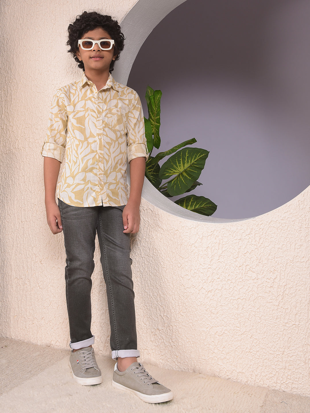 Beige Printed 100% Cotton Shirt