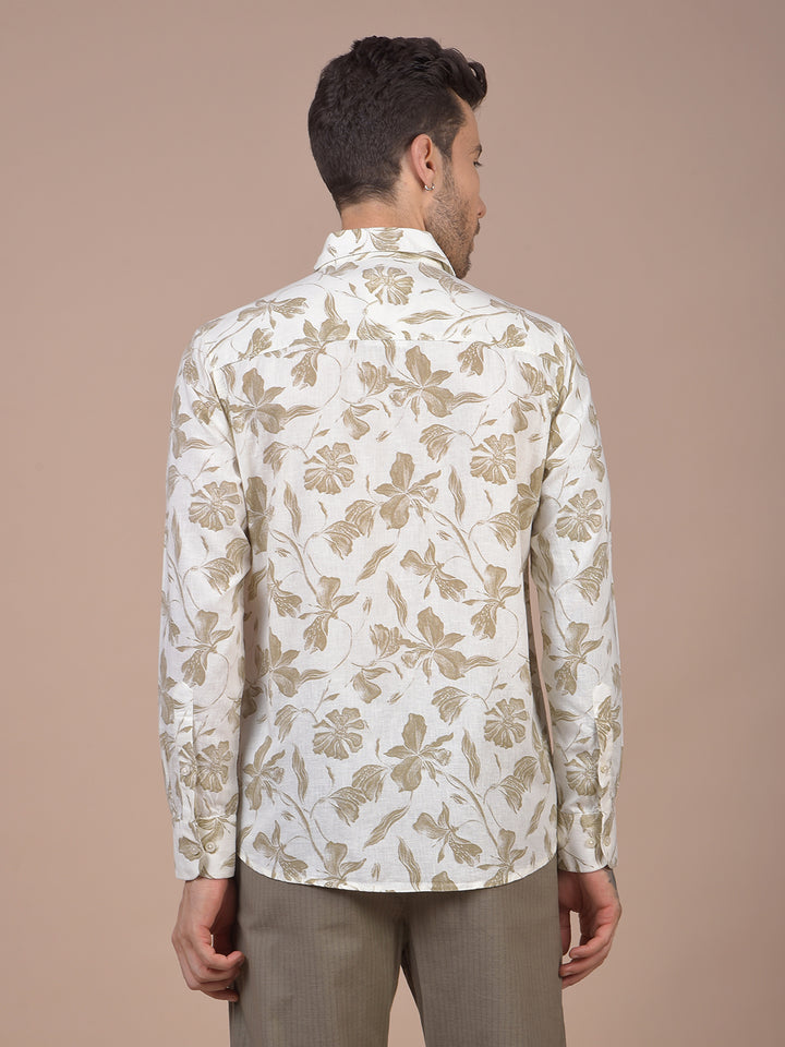 Khaki Floral Print Linen Shirt
