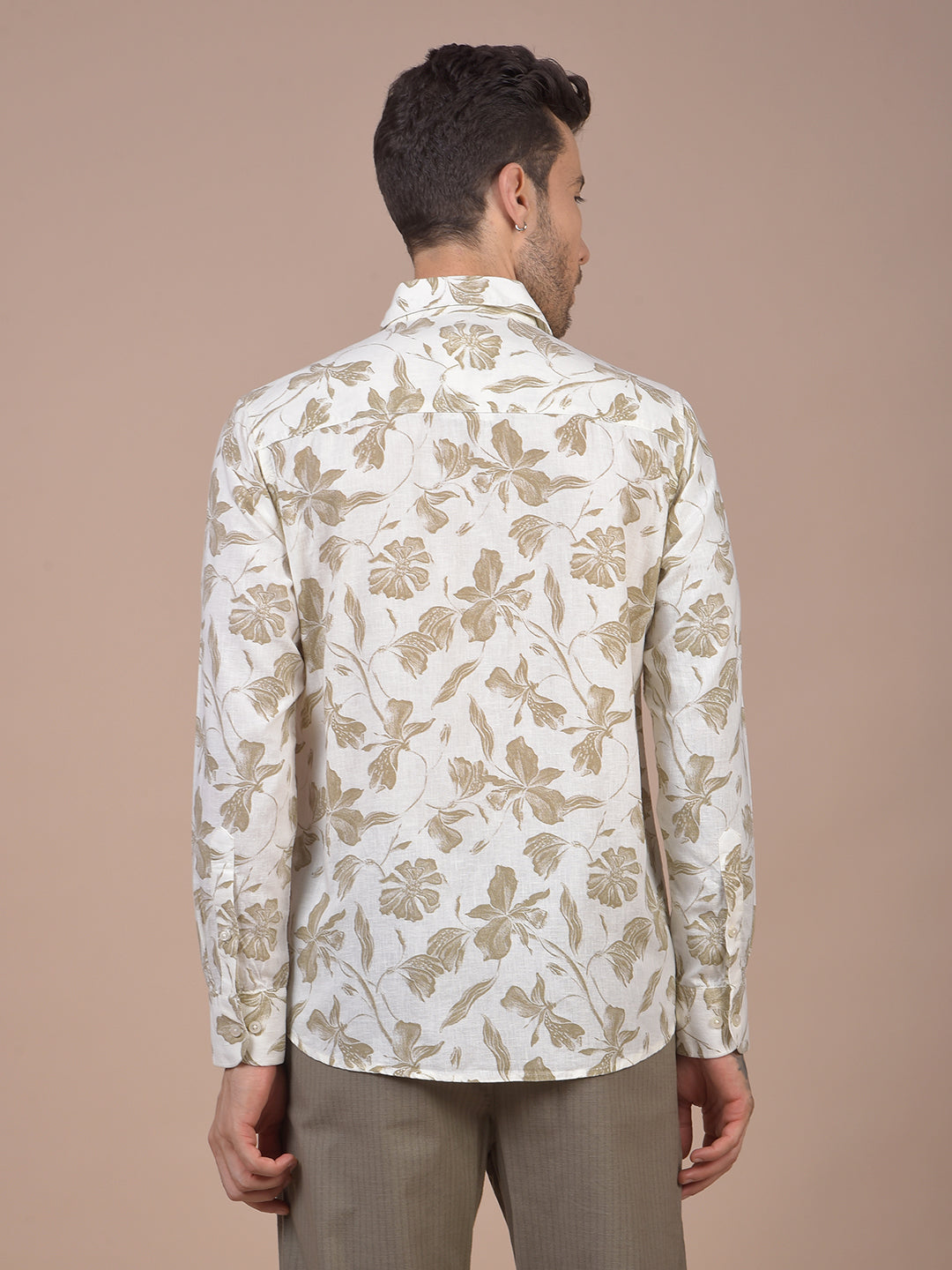 Khaki Floral Print Linen Shirt
