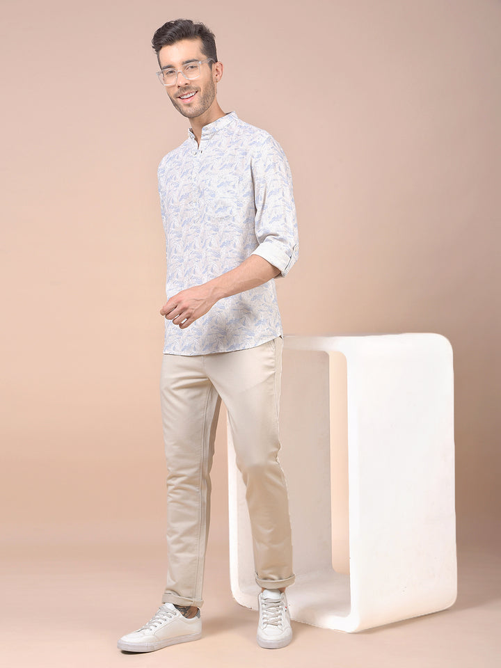 Blue Floral Print Linen Kurta