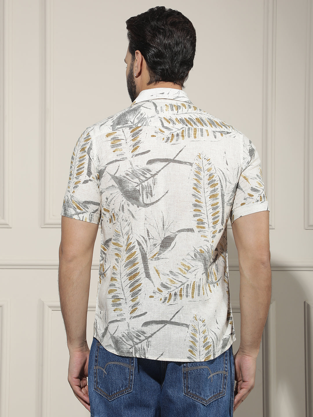 Grey Floral Print Linen Shirt
