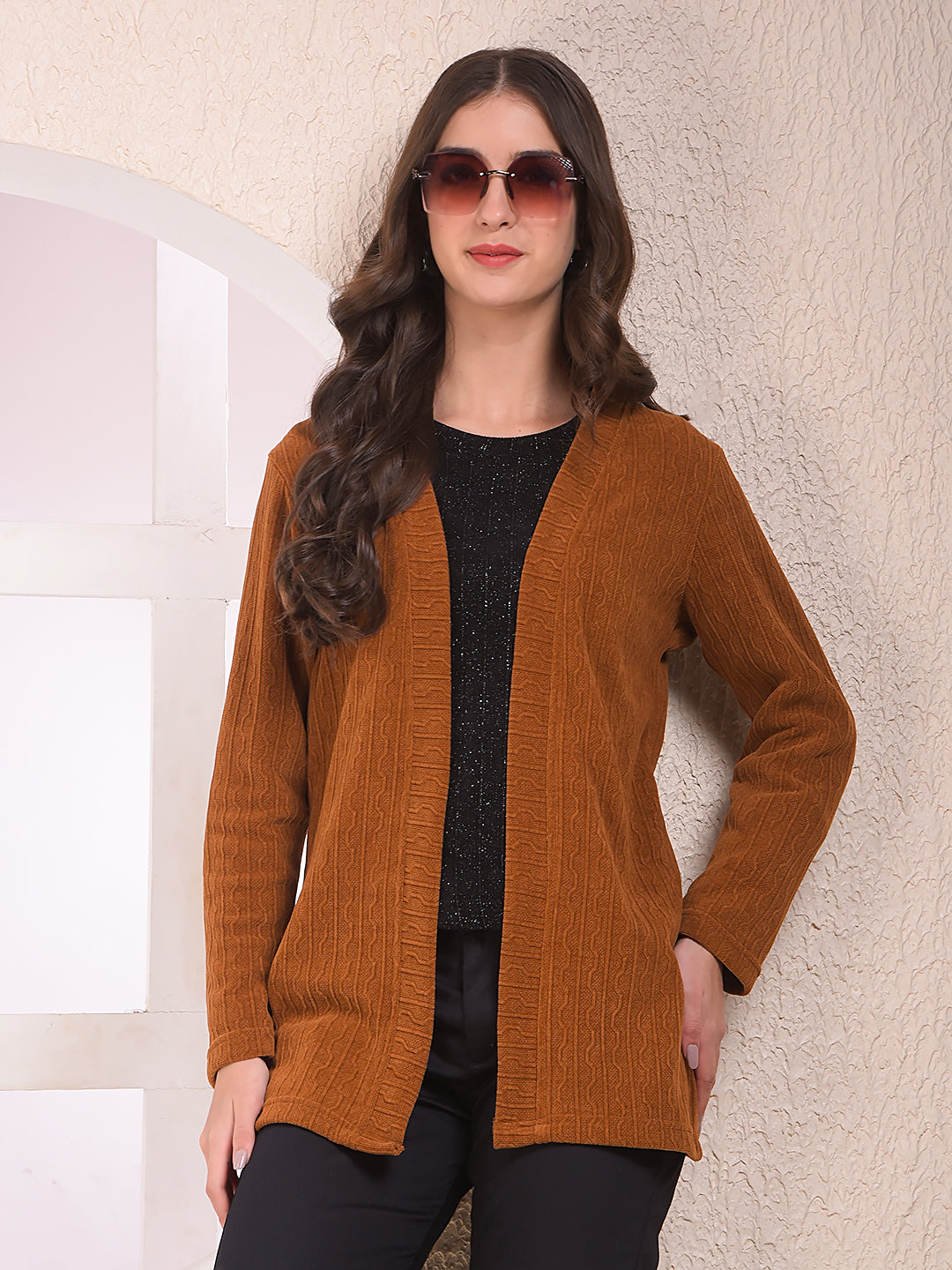 Brown Printed V-Neck Open Front Shrug