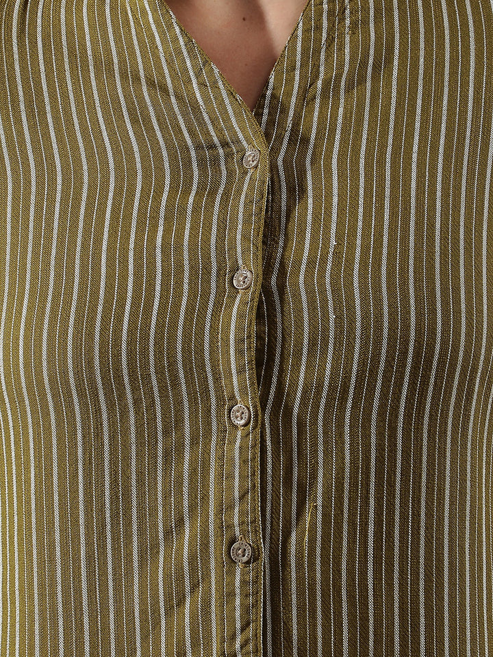 Olive Vertical Striped V-Neck Shirt