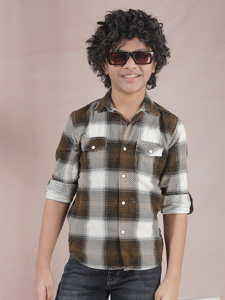 Brown Checked 100% Cotton Corduroy Shirt