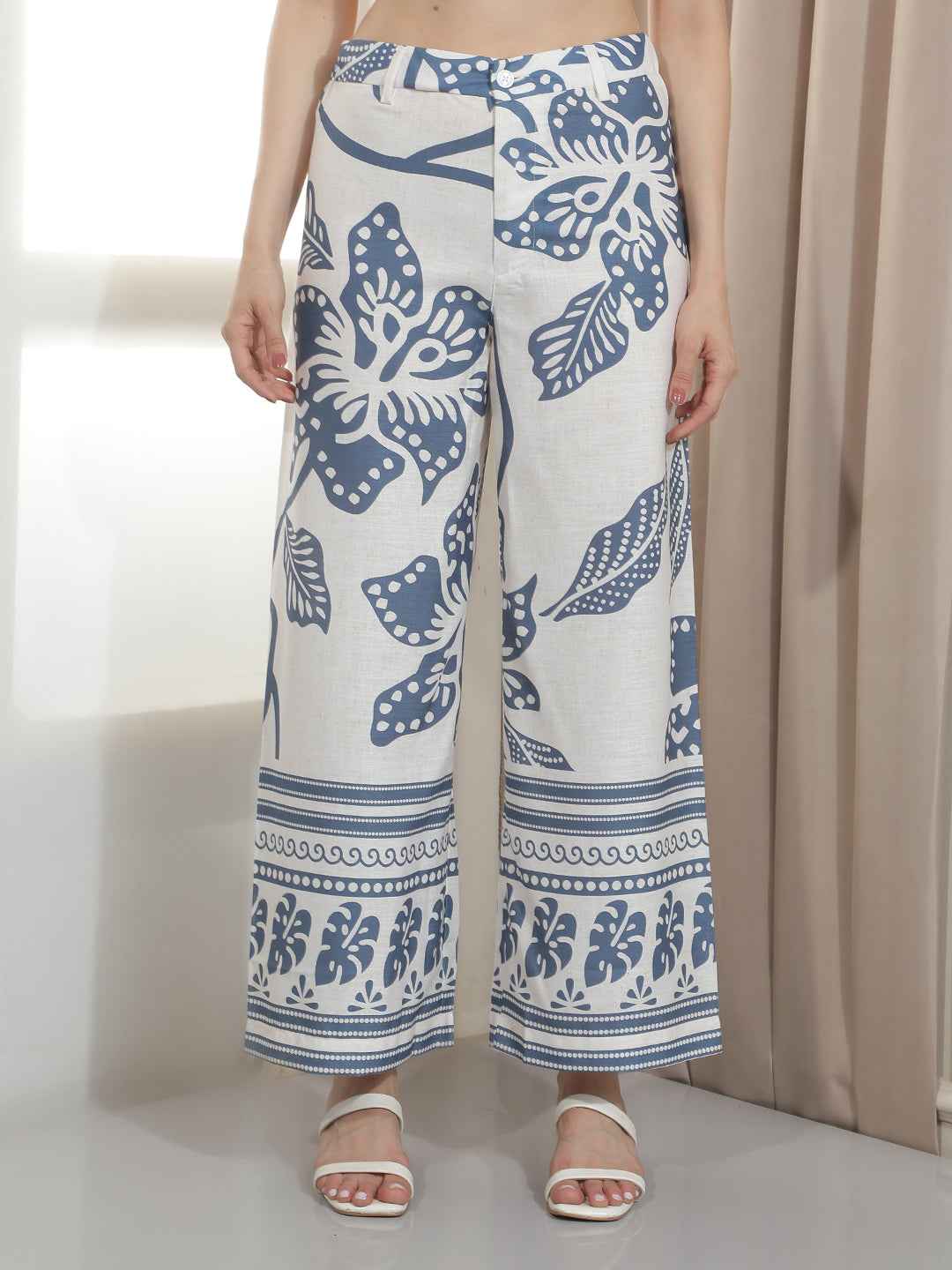 Blue Floral Print Straight Trousers