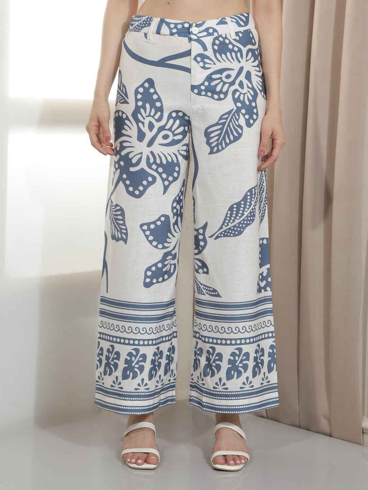 Blue Floral Print Straight Trousers