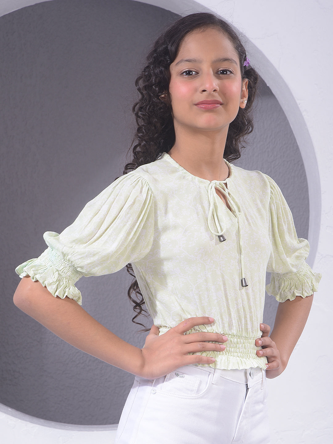  Cropped Green Floral Print Top