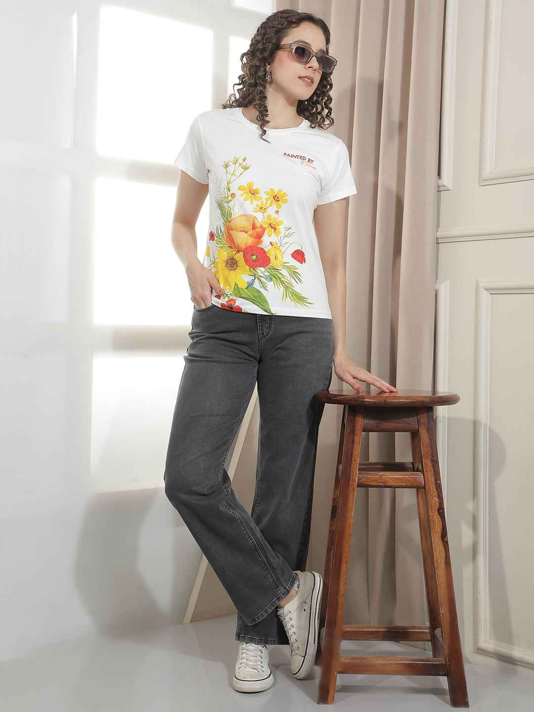 Off White Floral Printed T-Shirt