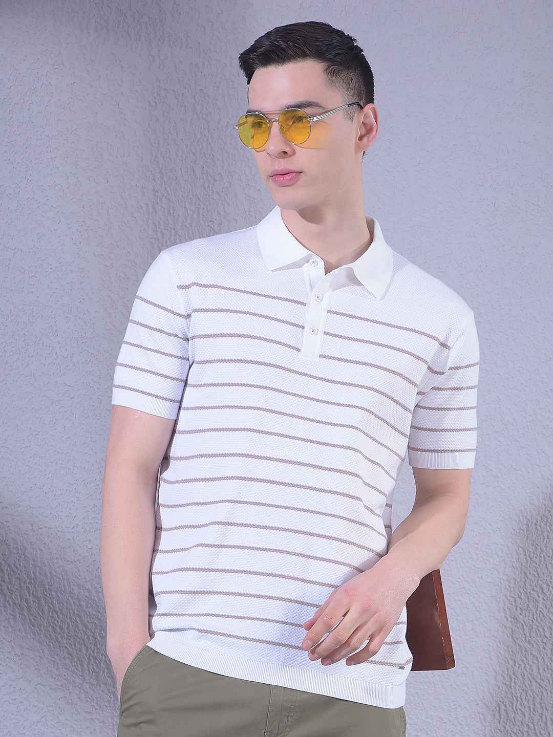White Horizontal Stripes Polo Neck T-Shirt
