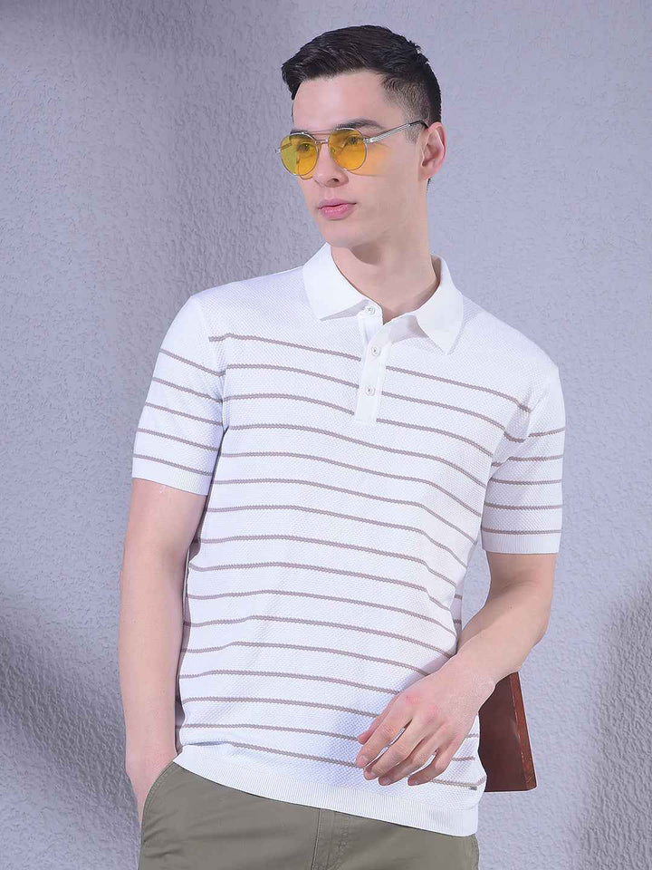 White Horizontal Stripes Polo Neck T-Shirt