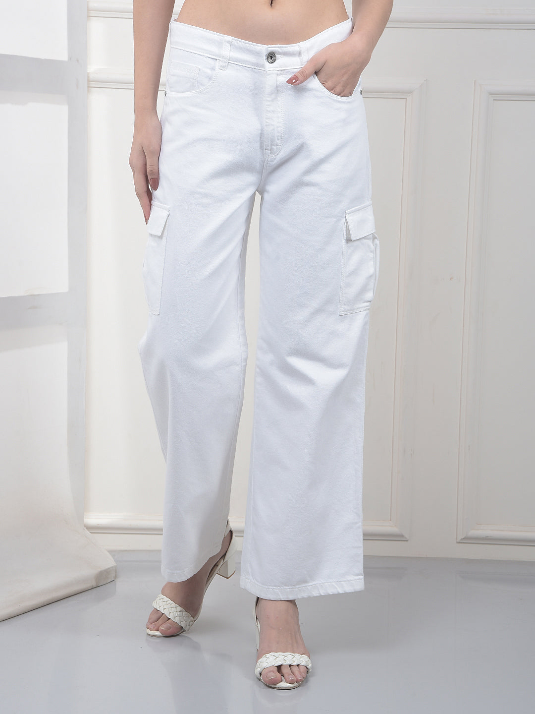 White 100% Cotton Wide-Leg Cargo Jeans