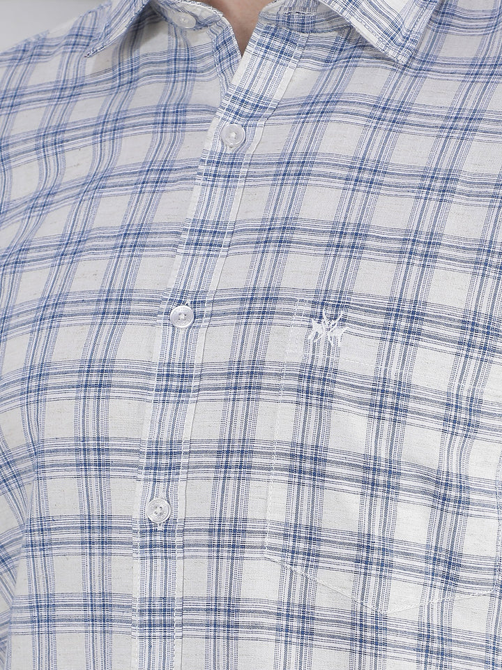 Teal Blue Checked Linen Shirt