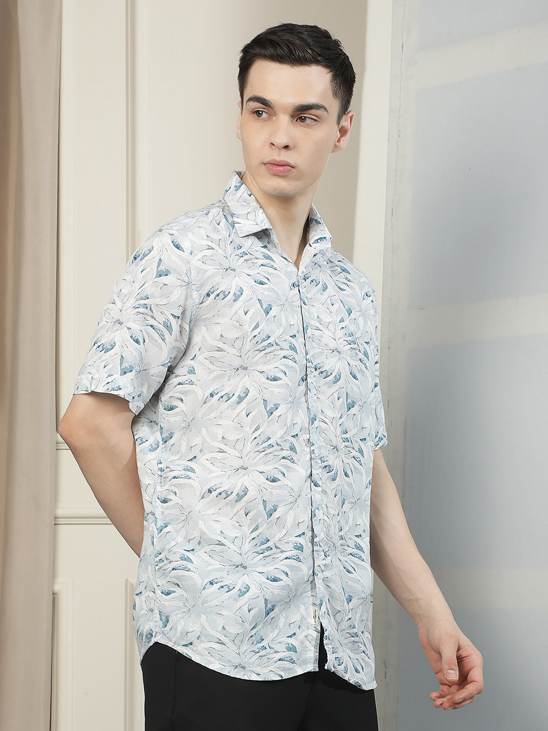 Blue Linen Floral Printed Shirt