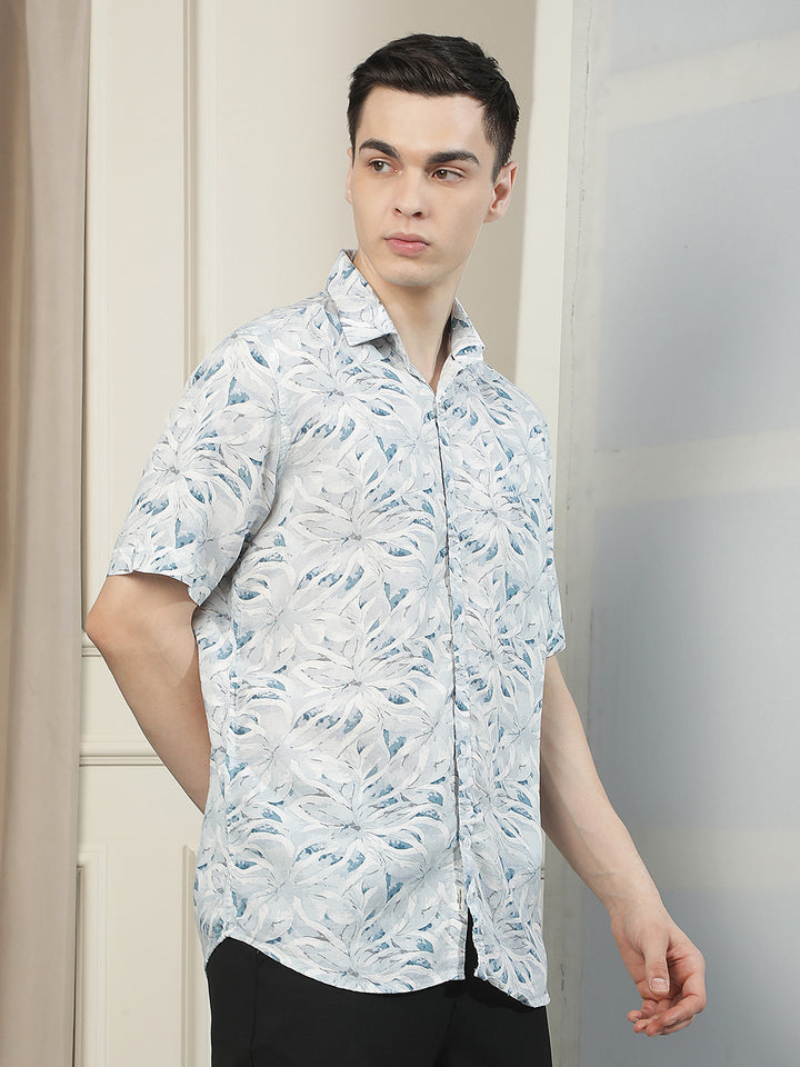 Blue Linen Floral Printed Shirt