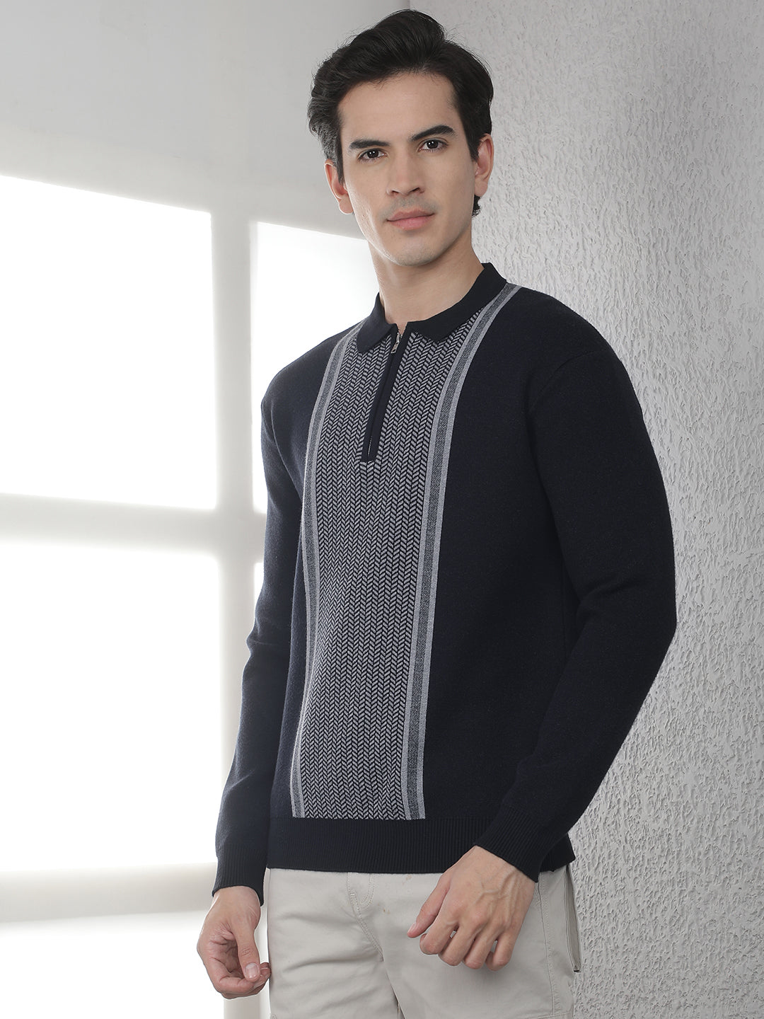 Black Verical Stripes Polo Sweater