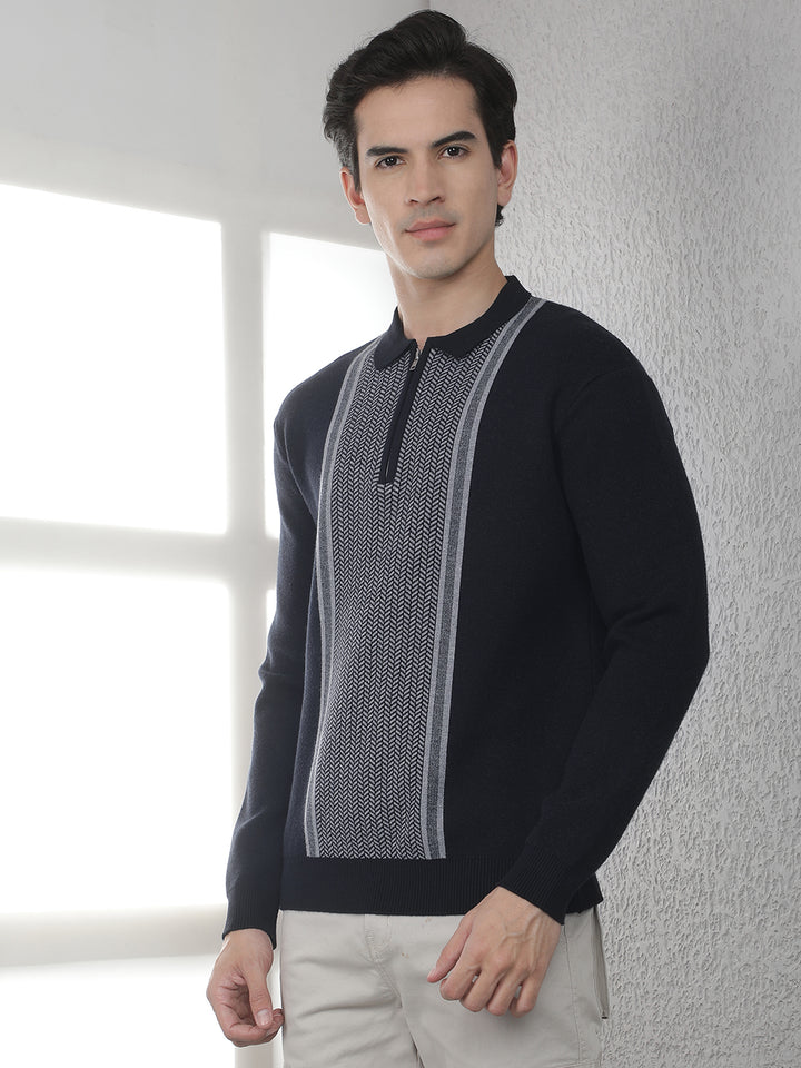 Black Verical Stripes Polo Sweater