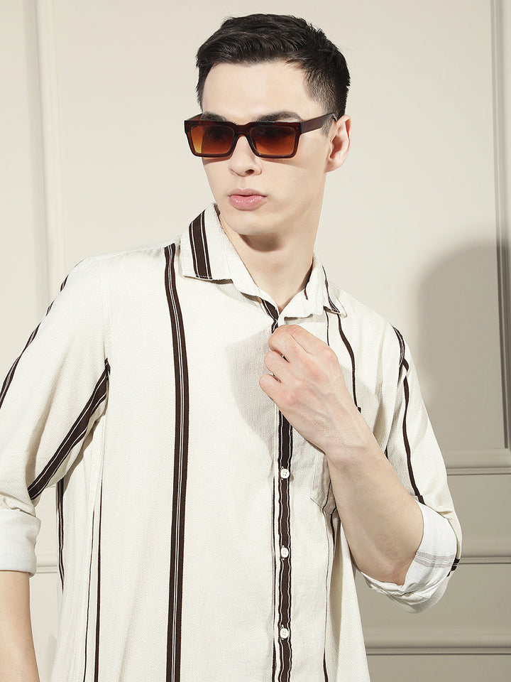 Brown Vertical Stripes 100% Cotton Corduroy Shirt