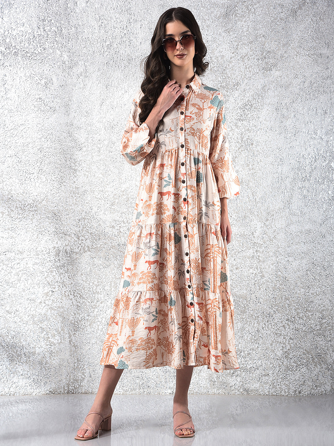 Women's Orange Floral Print Shirt Dress-Women Dresses-Crimsoune Club