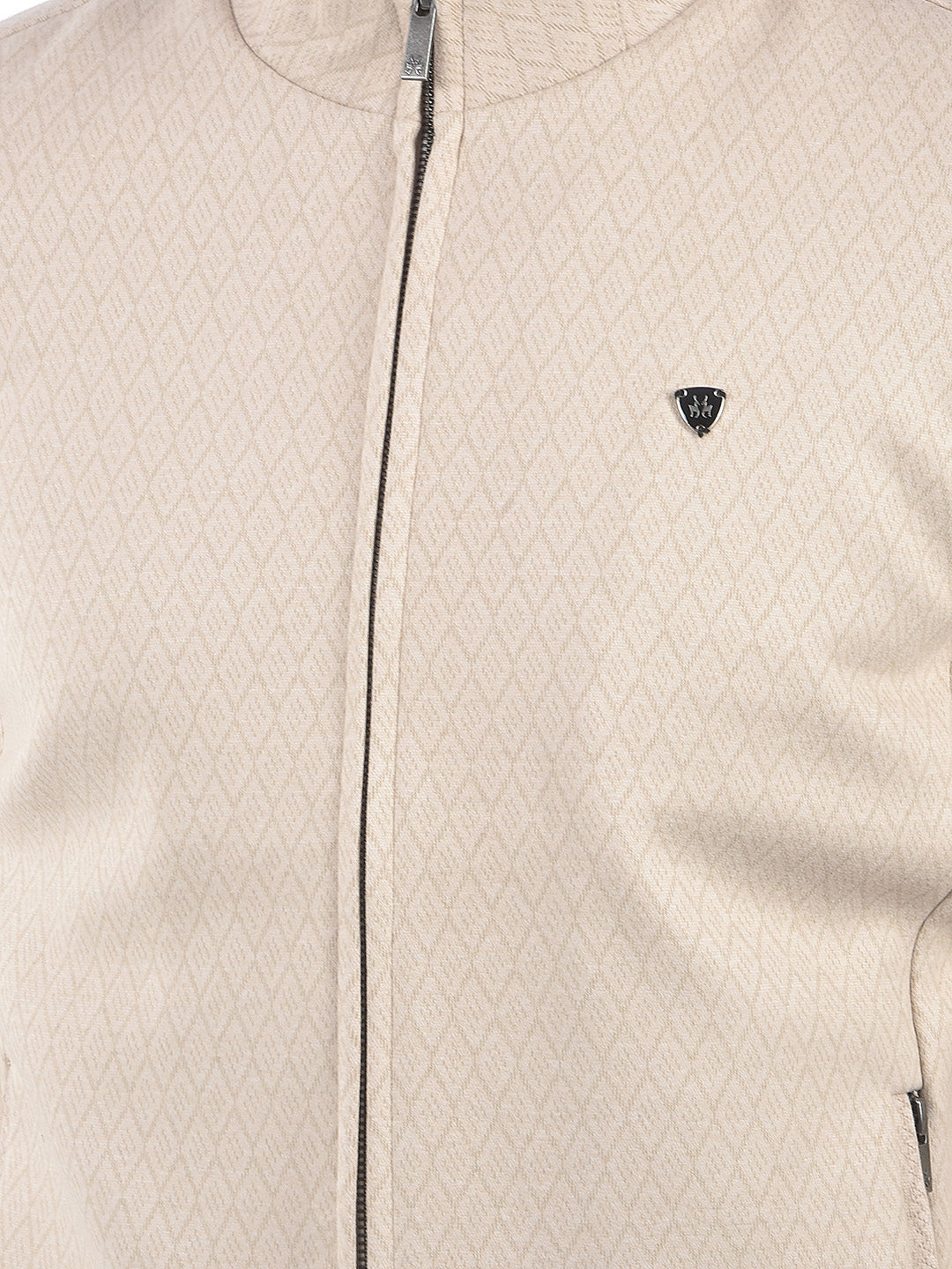 Beige Textured Mock Collar Bomber Jacket