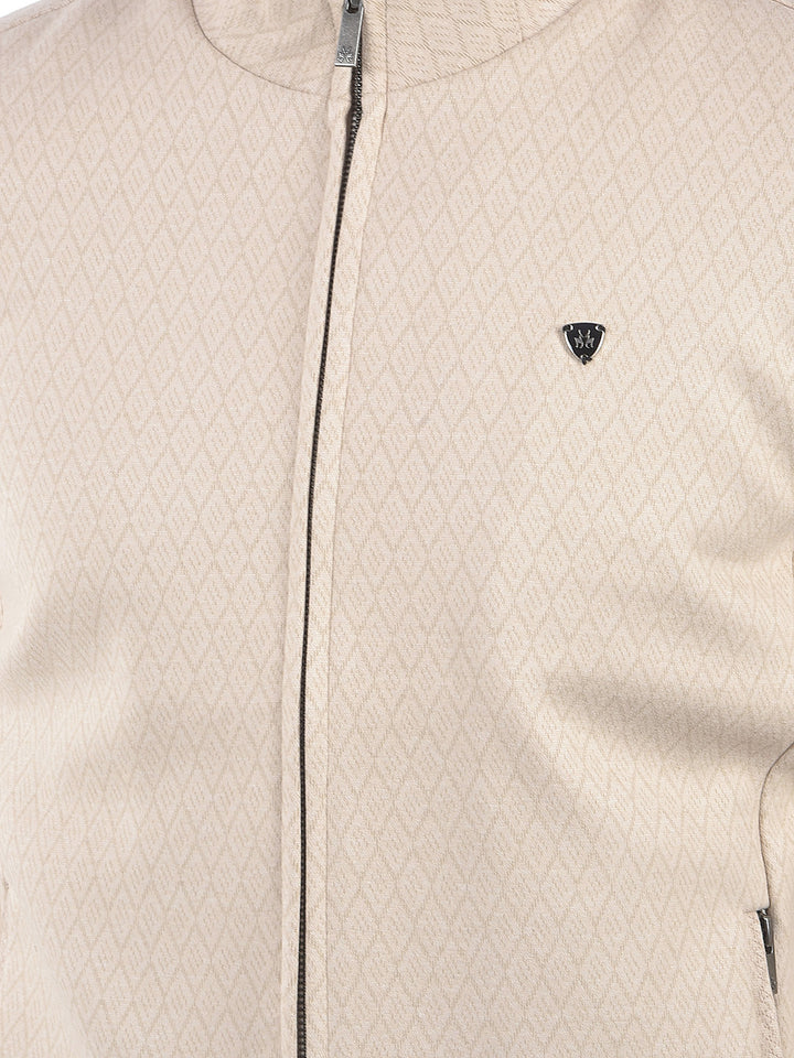 Beige Textured Mock Collar Bomber Jacket