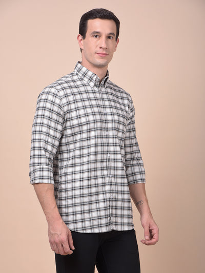 Beige Checked Button-Down Collar 100% Cotton Shirt
