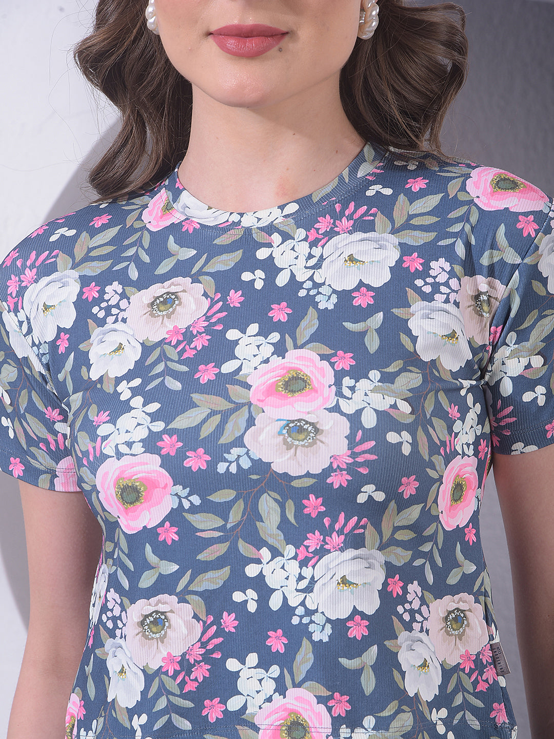 Navy Blue Floral Print Crop T-Shirt-Women T-shirts-Crimsoune Club
