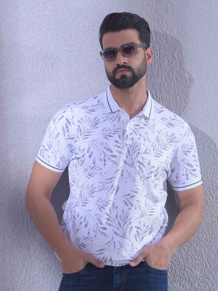 Purple Floral Print Polo Neck T-Shirt