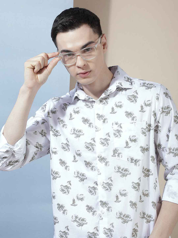 White Floral Print 100% Cotton Shirt