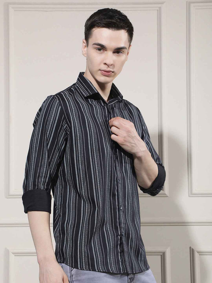 Navy Blue Vertical Striped Shirt