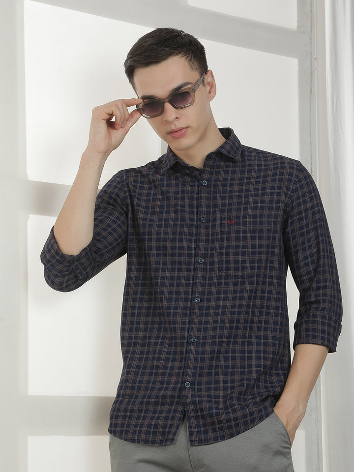 Navy Blue Checked 100% cotton Shirt