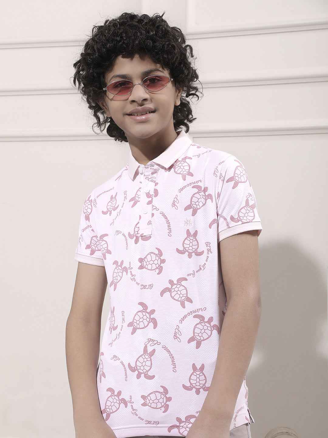 Pink Printed Polo Neck T-Shirt