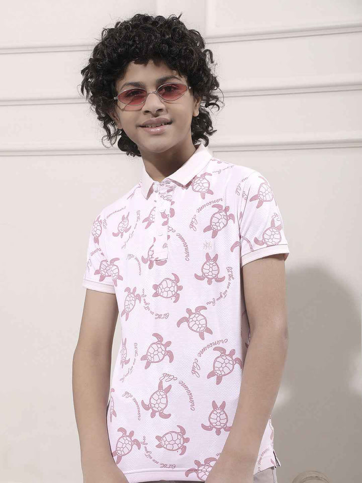 Pink Printed Polo Neck T-Shirt